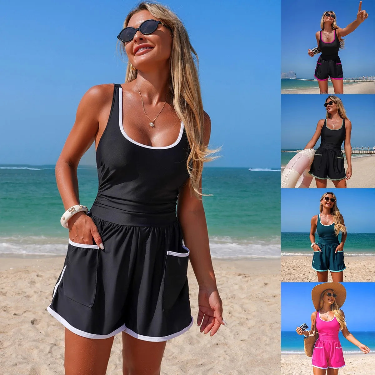 Black With White Trim One Piece Swimsuit Sleeveless V Neck One Piece Tank Top Contrast Trim Swimsuit Side Pockets Bathing Suit