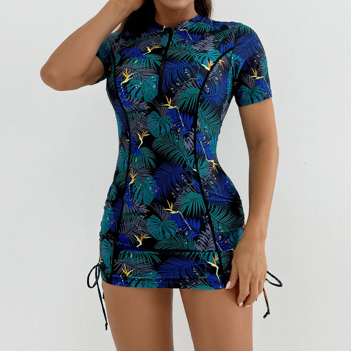 Women's Printed Zipper Design Conservative Sporty Two-Piece Tankini Swimsuit, Stylish Swimwear for Beach & Pool