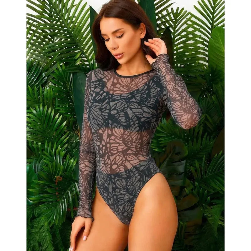 Mesh High Waist Sexy Swimsuit Women Summer Bathing Suit Bikini Set Long Sleeve Swimwear Beach Swimming Suit For Female Купальник