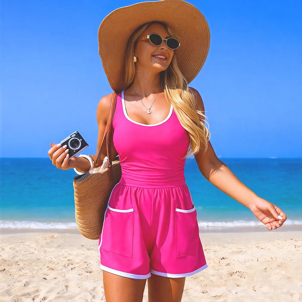 Black With White Trim One Piece Swimsuit Sleeveless V Neck One Piece Tank Top Contrast Trim Swimsuit Side Pockets Bathing Suit