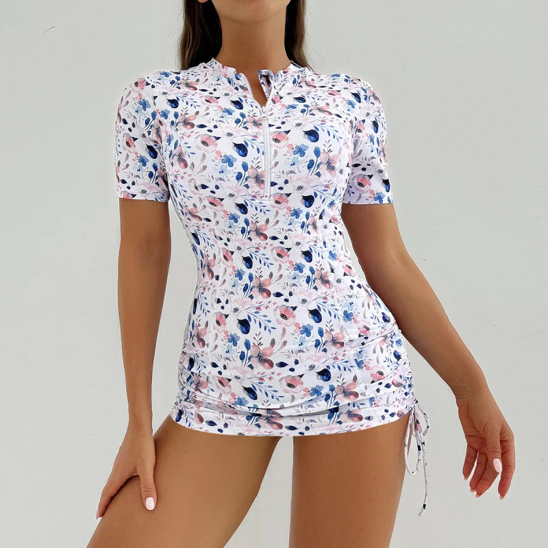Women's Printed Zipper Design Conservative Sporty Two-Piece Tankini Swimsuit, Stylish Swimwear for Beach & Pool