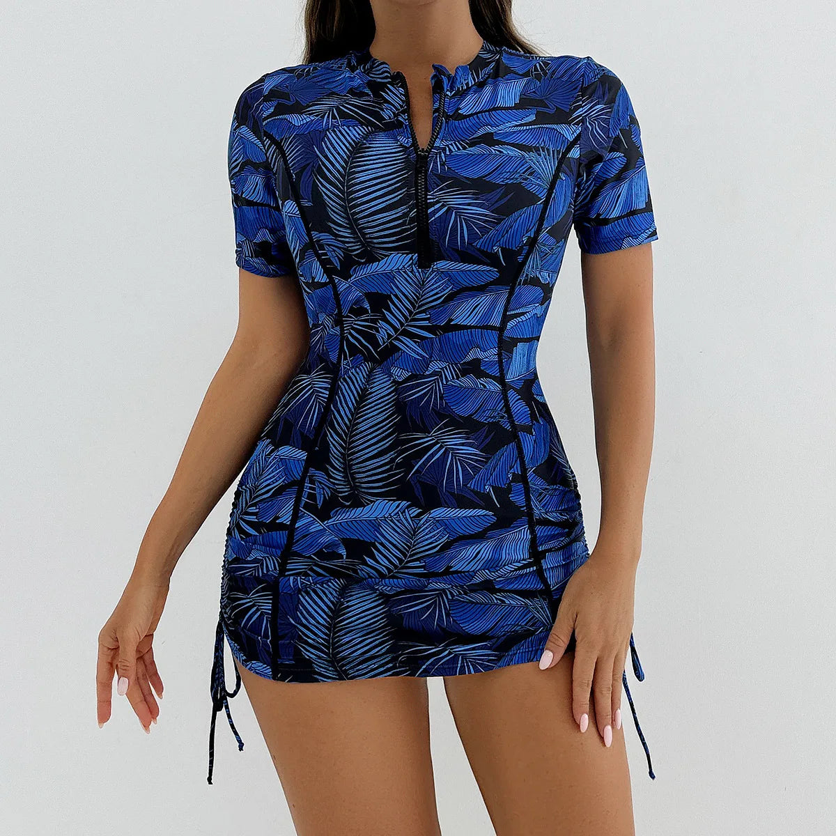 Women's Printed Zipper Design Conservative Sporty Two-Piece Tankini Swimsuit, Stylish Swimwear for Beach & Pool